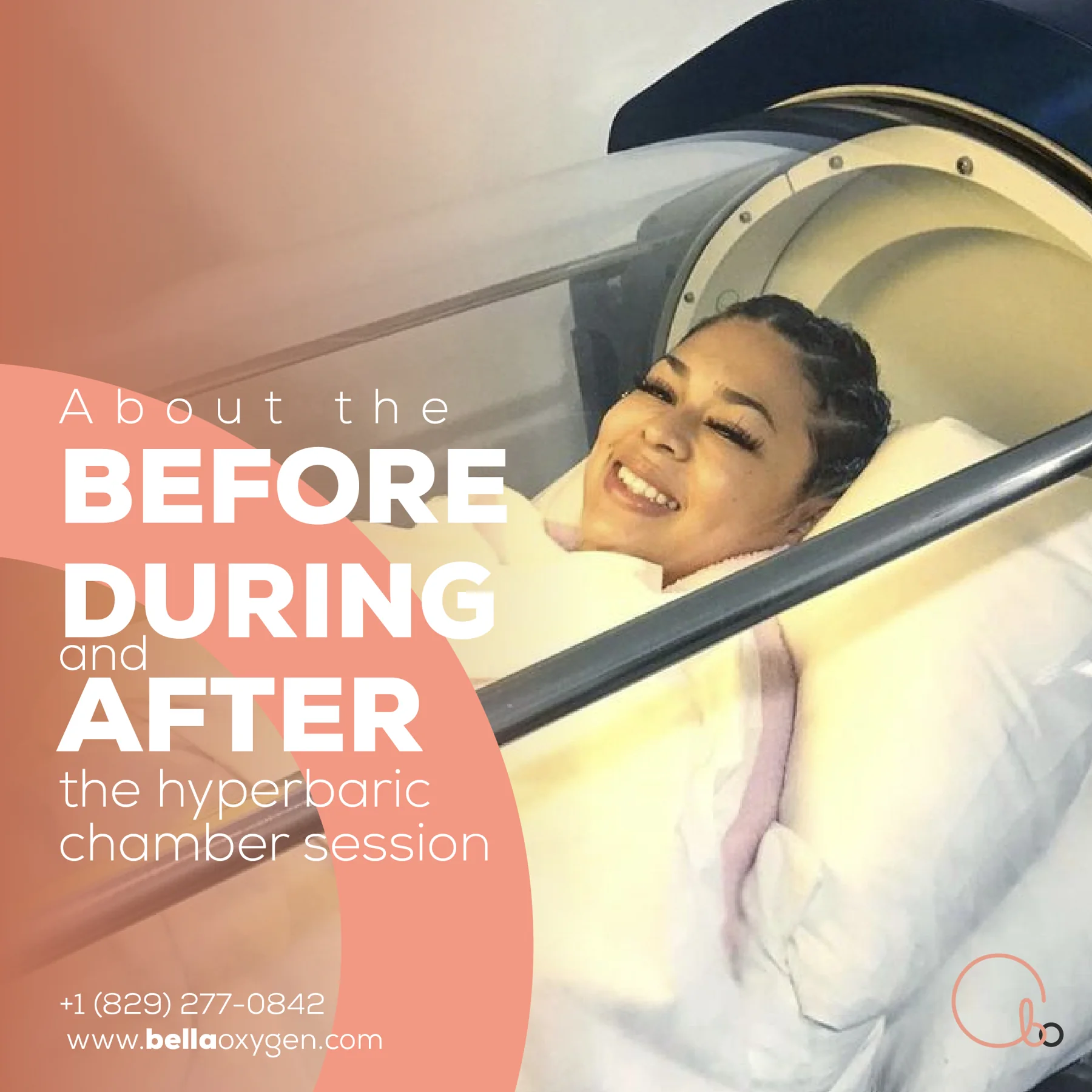 Before, during and after graphic with a smiling woman inside the Bella Oxygen hyperbaric chamber