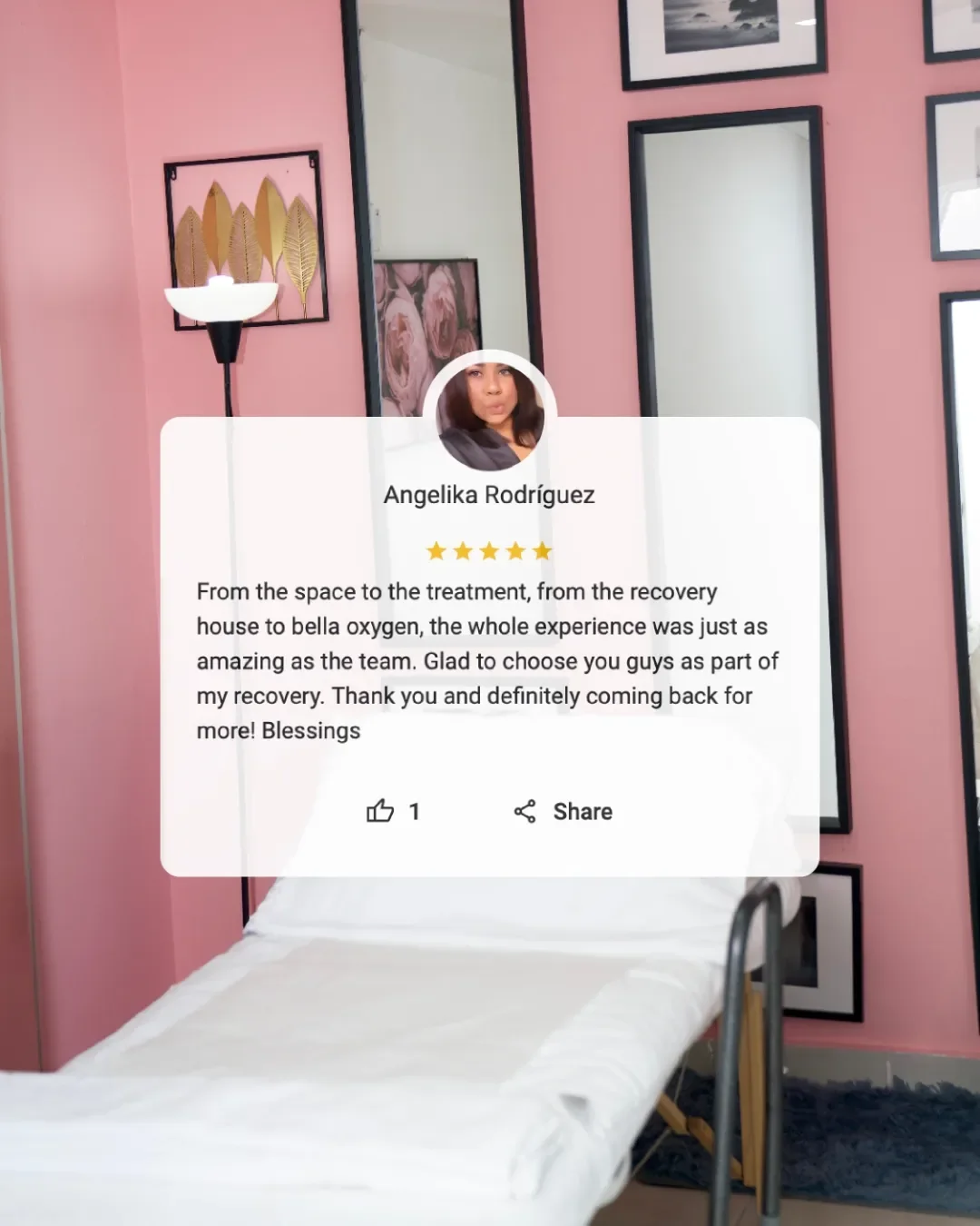 Five-star patient review graphic over a pink-walled Bella Oxygen treatment room