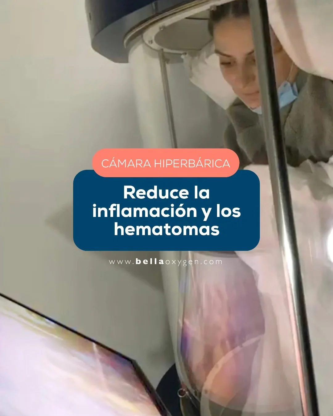 Patient reclining inside the clear hyperbaric chamber with a Spanish inflammation and bruising overlay